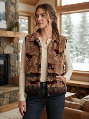 Vintage Polartec Southwestern Horse Fleece Vest sz Medium Retro Tribal